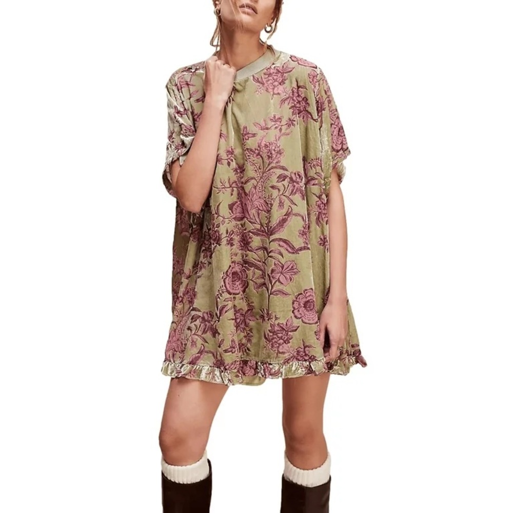 Women Velvet Short Sleeve Crew Neck Mini Dress